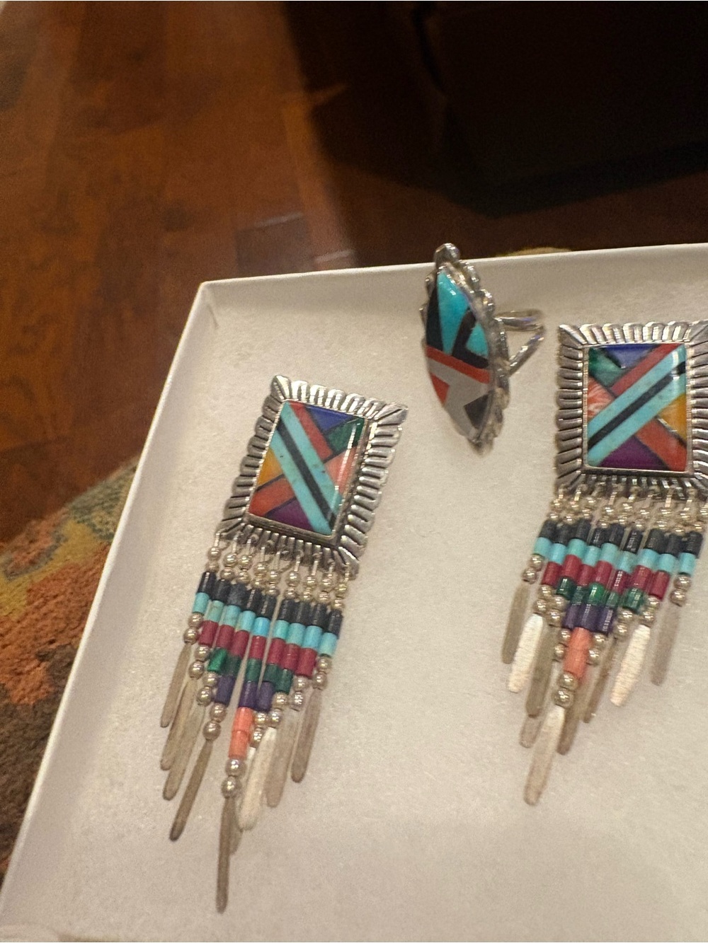 Source Unknown Turquoise Coral Purple Navy Inlay Fringe Earrings